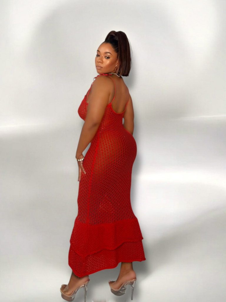 red stretchy crochet dress
red dress
crochet dress
sexy dress
bodycon dress