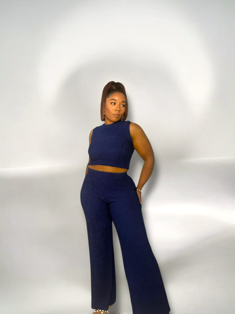 Blue Iris textured two-piece pant set for women polyester-spandex blend  bold blue matching set confident woman Blue Iris Textured two piece setmatching setwomens boutique