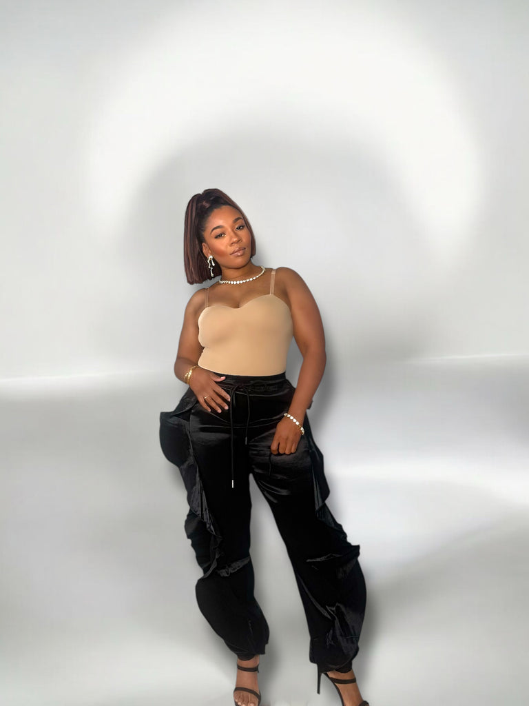 satin ruffle joggers

women’s satin jogger pants

ruffle side joggers

chic casual joggers for women

satin finish lounge pants

feminine jogger pants

stylish satin joggers

dressy joggers for women

elegant ruffle joggers

satin joggers with ruffles